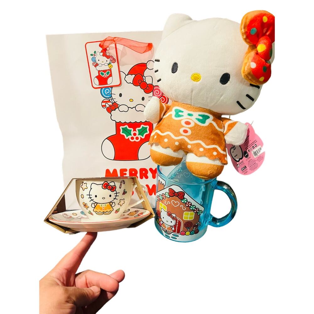 Hello Kitty Christmas bundle Lot Gingerbread Tea cup set , plush , mug and gift